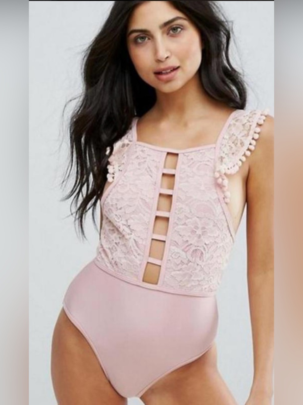 PEAK & BEAU Lace Pom-Pom Trim Pink One Piece Bathing Suit Size US8